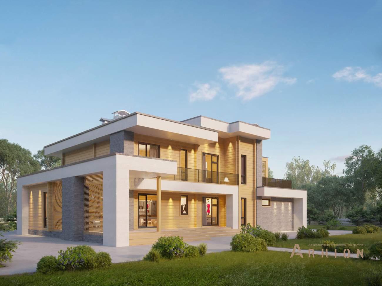 2. Проект двухэтажного дома в стиле хай-тек с плоской кровлей , rh-459, площадью - 459 кв c сауной, терассой, балконом, гаражом